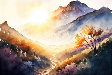 a painting of a mountain with a river running through it and a sun shining down on the mountains behind it.