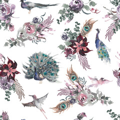 Hand drawn. Watercolor illustration. Cute cartoon. Pastel color. Tender bouquet. Exotic bird. For textile and other design.