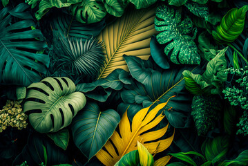Tropical Pattern with Jungle Vegetation. Generative AI - obrazy, fototapety, plakaty