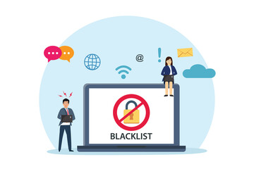 Two people sign in on the account with blacklist symbol while using digital device
