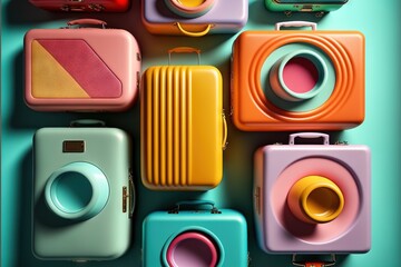 a bunch of different colored suitcases and speakers on a blue background with a pink and yellow one on top. - obrazy, fototapety, plakaty