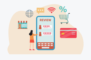 Online review on cellphone, flat design illustration