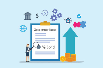 Government bonds vector concept. Businesswoman using a magnifier to looking at government bonds form