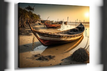 a group of boats sitting on top of a sandy beach next to the ocean at sunset or sunrise time.