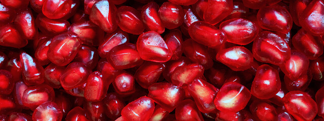 Banner of red Background of Grain Red Grenades. Big Ripe Red Granets or Garnets. Fruits of Red Ripe Pomegranate. Vegetarian Concept, Organic Vitamins. Organic and Benefit Garnet Fruit