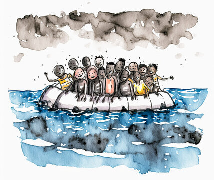 Face of the immigration crisis in Europe, image of numerous African migrants crammed on a boat in the Mediterranean. Simulacrum of hope and powerful visual expression.