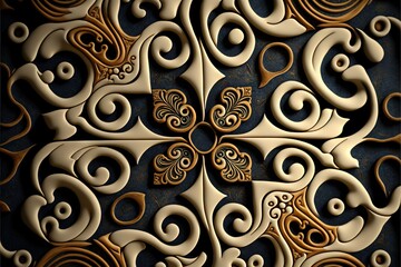 a decorative wall with a gold and black design on it's side and a black background with a gold and white design on it.