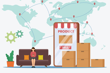 Logistics export import vector concept: Young woman selling her product on online market while using smart phone - obrazy, fototapety, plakaty
