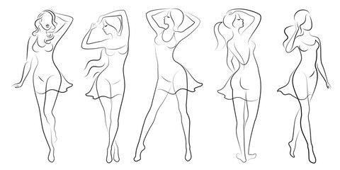 Collection. Girl silhouettes in modern single line style. Women's line art continuous line drawing, decor aesthetic outline, posters, wall art, stickers, logo. Vector illustration set.