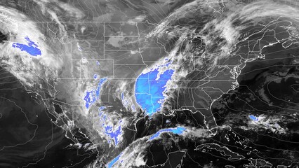 Satellite weather map over North America overlayed with atmospheric pressure field. Satellite data provided by EUMETSAT. - obrazy, fototapety, plakaty