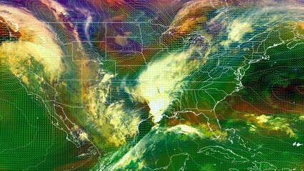 Colorful satellite weather map over North America overlayed with wind arrows. Satellite data provided by EUMETSAT.