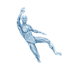 average man muscle maps is doing a parkour pose number eight