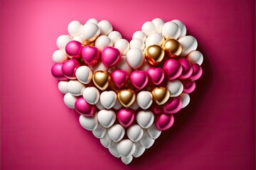 Heart shaped white, magenta and golden balloons on pink background. Valentine day card background. Love concept. Wedding greeting card. Generative ai. 