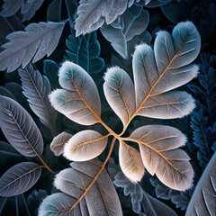 a close up of a leaf with a blue background and a white center surrounded by leaves and leaves of different sizes.