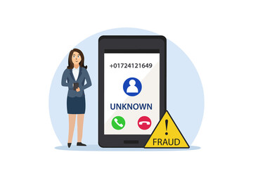 Businesswoman with fraud call from an unknown number on mobile phone