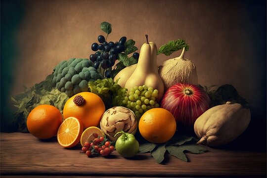 a still life of fruits and vegetables on a table top with a brown background and a black border around the edges.