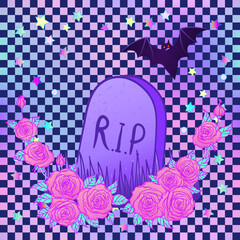 Tombstone, bat, roses over chequer pattern. Glamour Halloween background in neon pastel colors. Cute gothic style. Colorful rainbow concept.