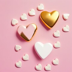 Fototapeta premium Flat lay out, golden and white hearts on pastel pink background. Love and romance concept. Valentine day card. Generative ai. 