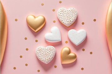 Obraz premium Flat lay out, golden and white hearts on pastel pink background. Love and romance concept. Valentine day card. Generative ai. 