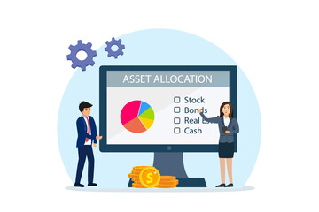 Businessman and businesswoman discussing asset allocation plan on computer monitor