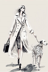Women Walking in a Street with Dog, Haute Couture Fashion Illustration, Generative AI