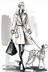 Women Walking in a Street with Dog, Haute Couture Fashion Illustration, Generative AI