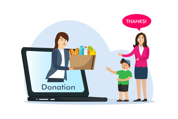 Online foods donation. Woman giving foods to a mother and son from laptop screen