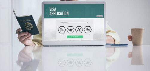 Man holding passport filling visa application form on laptop. Work recruitment, immigration concept