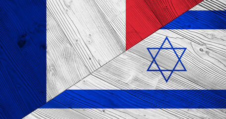 Background with flag of France and Israel on divided wooden board. 3d illustration