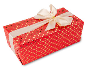 Gift box packed with red paper with gold decor and beige satin bow, cut out
