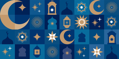 Ramadan Kareem Border, Islamic art Style Background. Symbols of Ramadan Mubarak, Hanging Gold Lanterns, arabic lamps, lanterns moon, star, art vector and illustration - obrazy, fototapety, plakaty