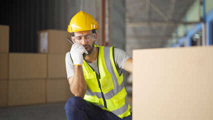 Portrait of middle east worker working in large warehouse store industry.Rack of stock storage. Interior of cargo in logistic concept. Depot. People lifestyle. Shipment service for container