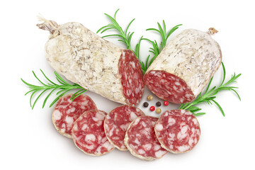 Cured salami sausage slices isolated on white background. Italian cuisine with full depth of field....