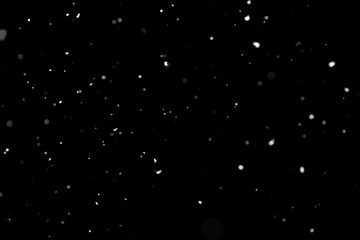 Bokeh effect of snowfall and lights. Abstract blurred background with snowflake in the night sky, White spots and dots in the dark. Snowy stormy weather, falling snow