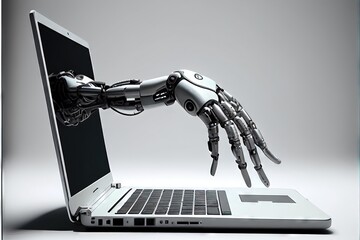 Robotic hand reaching out of laptop screen to begin typing generative AI writing work. Bloggers and ghostwriters are being supplemented by technology - obrazy, fototapety, plakaty