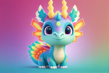 A mythical rainbow dragon generated in a 3D style in a variety of colors. Generative AI image in modern animation style. This dragon is polychromatic