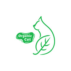 Cat organic logo design idea. Cute cat and leaf line drawing illustration hand drawn vector