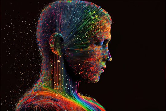 Person made of colorful data in the virtual reality metaverse created by generative AI. Digital image made to represent futuristic technologies.