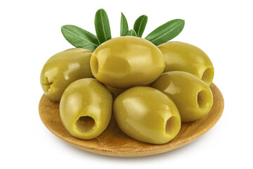 Green olives with leaves in wooden bowl isolated on a white background with full depth of field.