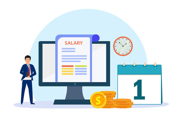Salary payment document on computer screen with coins, calendar, and businessman. Horizontal flat design illustration