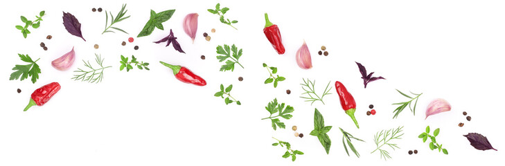 Fresh spices and herbs isolated on white background with copy space for your text. Dill parsley basil thyme Top view