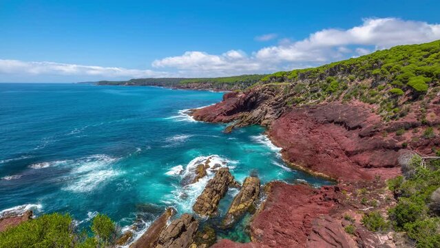 Red Point lookout near the Boyds Tower, inside the Ben Boyds National Park, with a view on the unusual rock formation. Eden, Merimbula and Sapphire Coast, New South Wales, Australia.