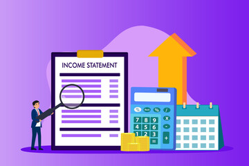 Income statement analysis with a businessman, calculator, and money - obrazy, fototapety, plakaty