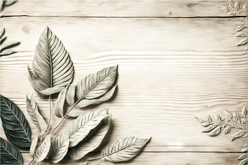 a wooden background with leaves and branches on it.