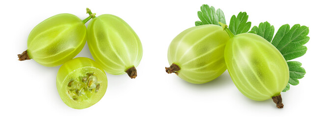 Green gooseberry with half isolated on white background . Top view. Flat lay