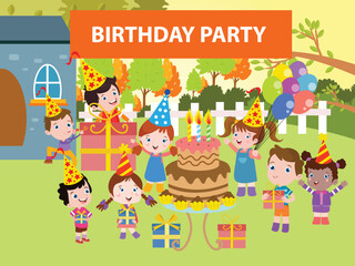 Kids birthday party event at backyard, illustration vector concept
