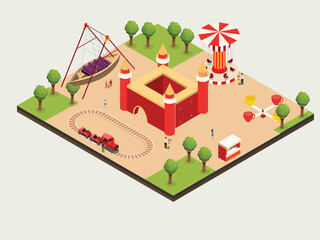 Amusement park vector concept. Visitors enjoying leisure time together at weekend while visiting in the amusement park