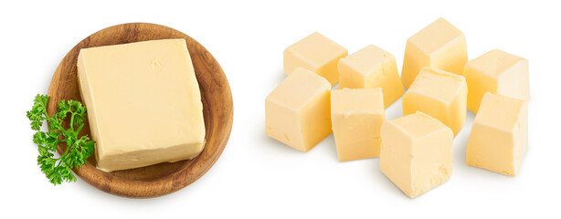 butter in wooden bowl isolated on white background with full depth of field. Top view. Flat lay