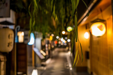 提灯が並ぶ夜の京都の先斗町の風景