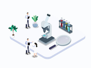 Scientist research vector concept. Group of scientists doing research on plants while standing in the laboratory